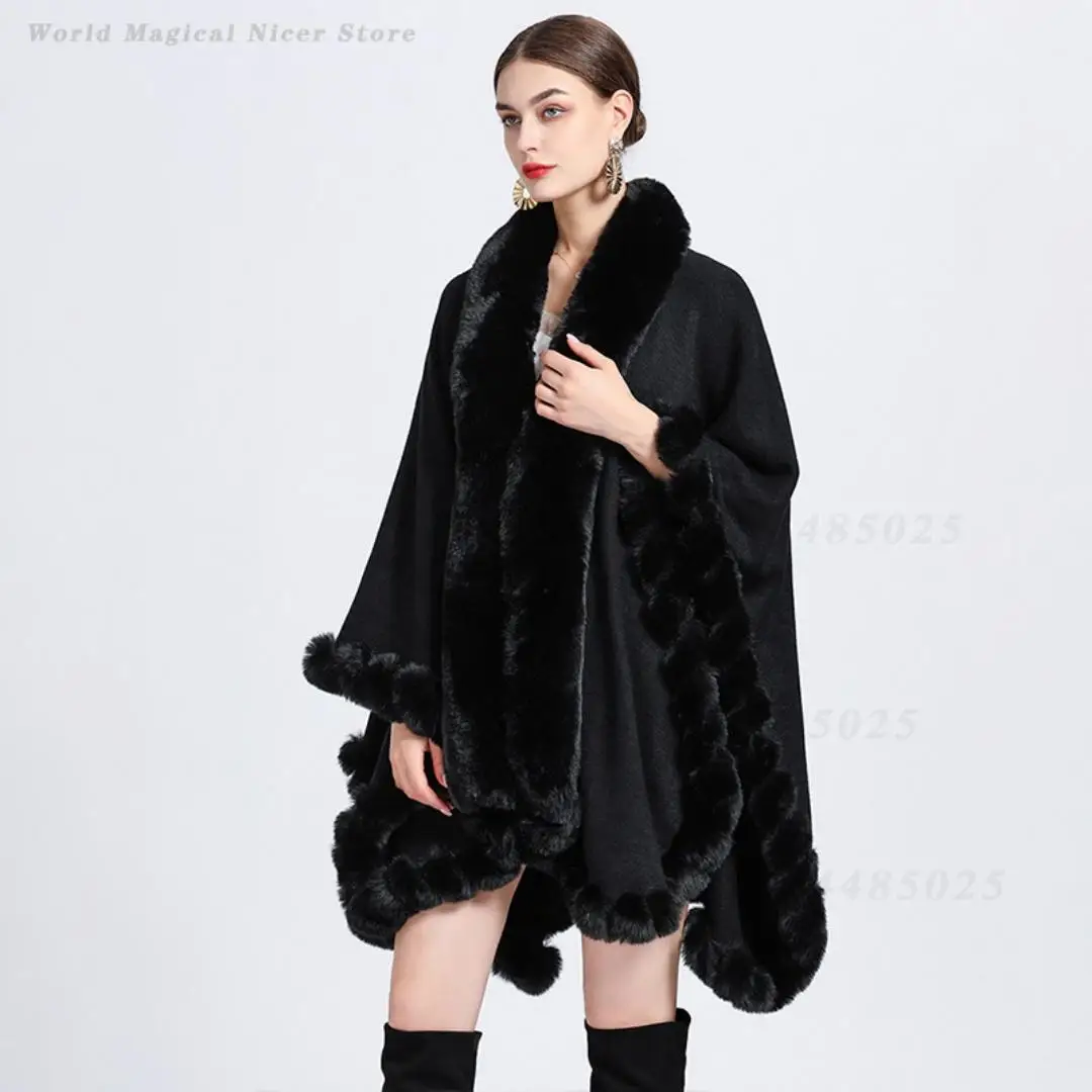 Fall Winter New Women Irregular Knit Cape Poncho Plus Size Loose Cardigan Coat with Faux Rabbit Fur Collar One Size