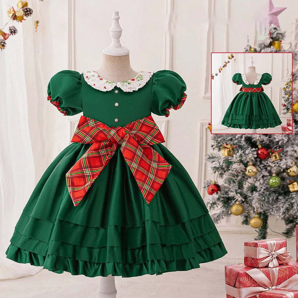 

Christmas Girls Party Dress Green Carnival Costume Elegant Plaid Bow Princess Dresses Birthday Prom Kids Clothing 4-8 Years 2024