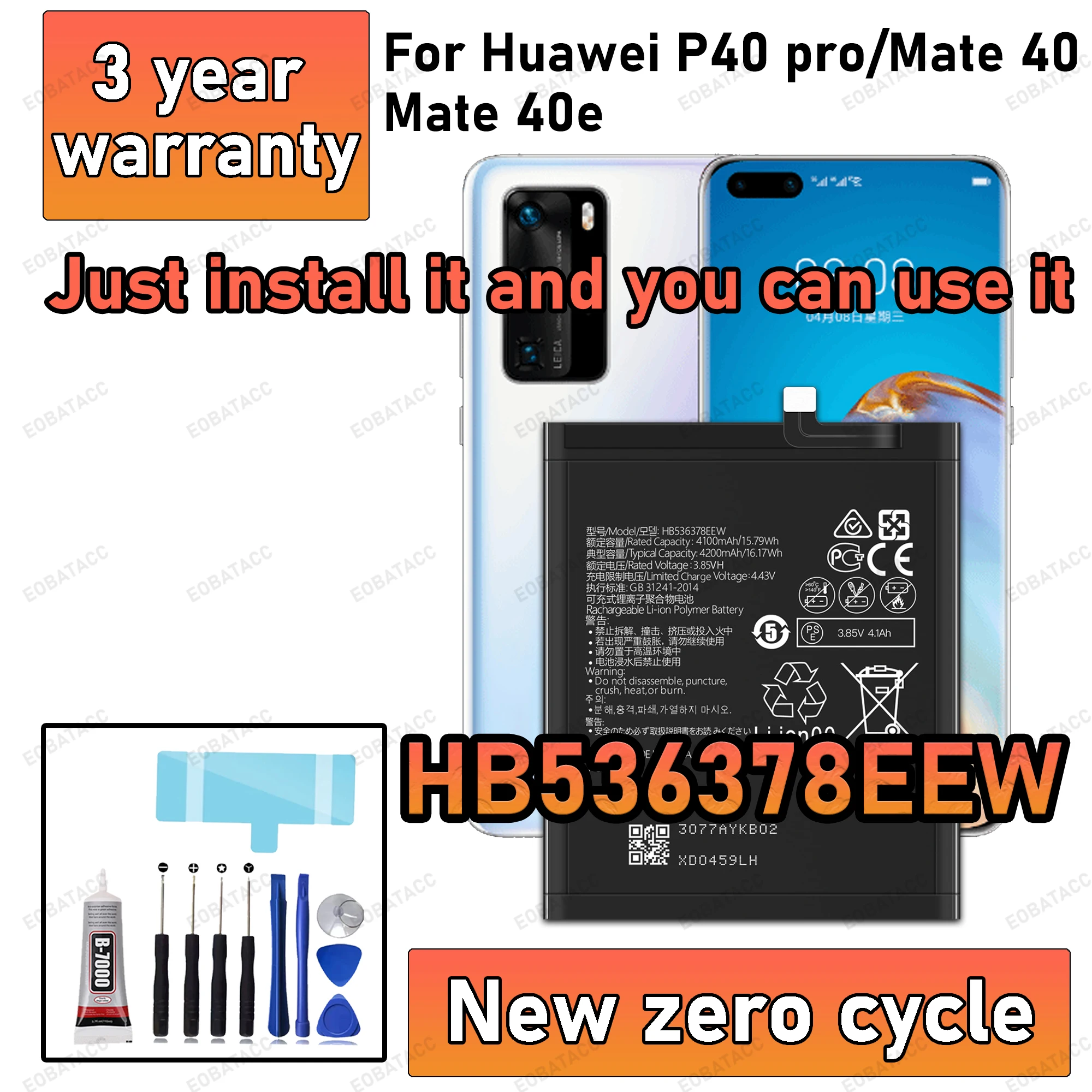 

100% New High Capacity HB536378EEW Battery For Huawei P40 Pro/Mate 40/Mate 40E Phone batteries batteria+Free Tools
