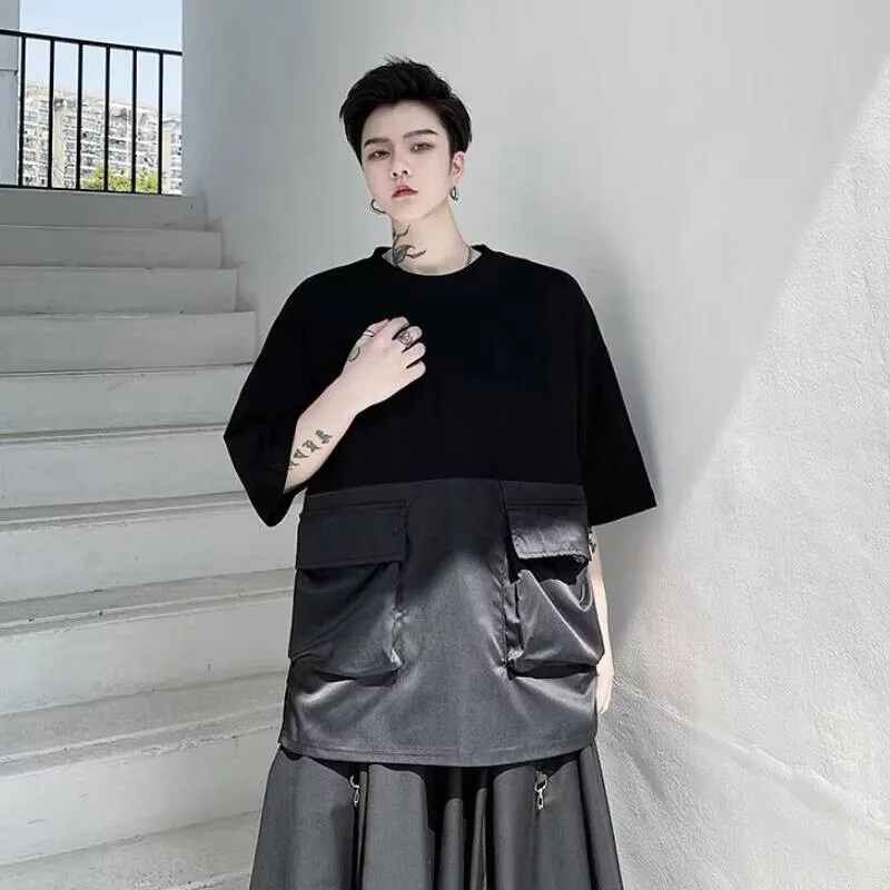 Korean Sleeves Japan Men Edition Pocket Splicing Short City Youth Street Simple Loose Large Size T-Shirt