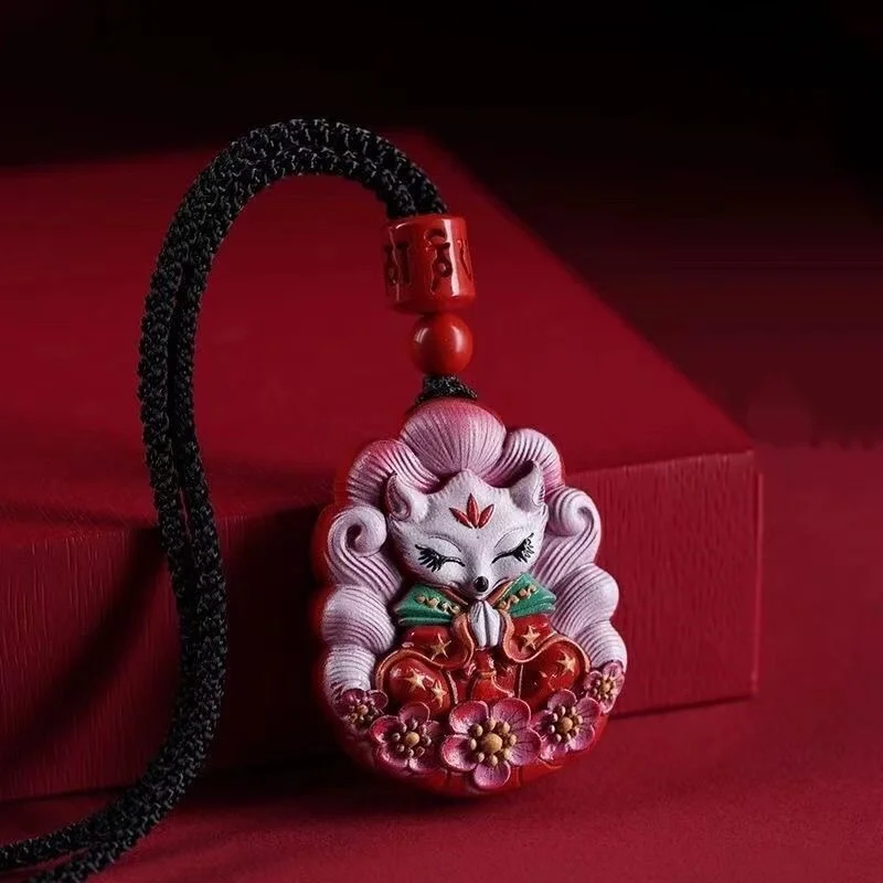 

Fashion Cinnabar Jade Colored Nine Tailed Fox Pendant Necklace Jewellery Chinese Healing Women Man Luck Gift Sweater Chain