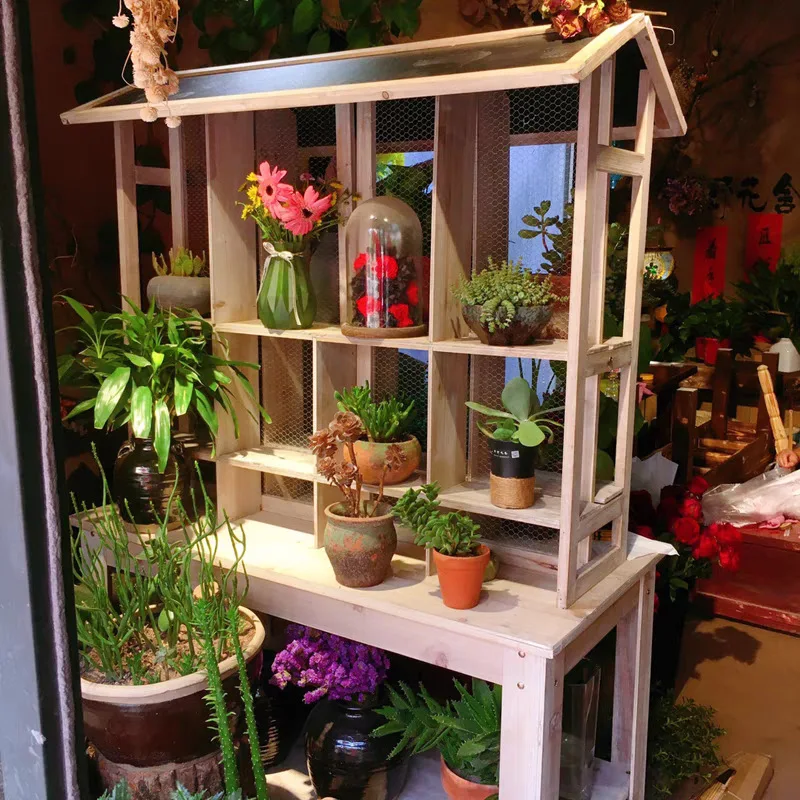 

Wooden home accessories decorative flower stand storage rack with casters bookshelf handicrafts shopping mall display rack