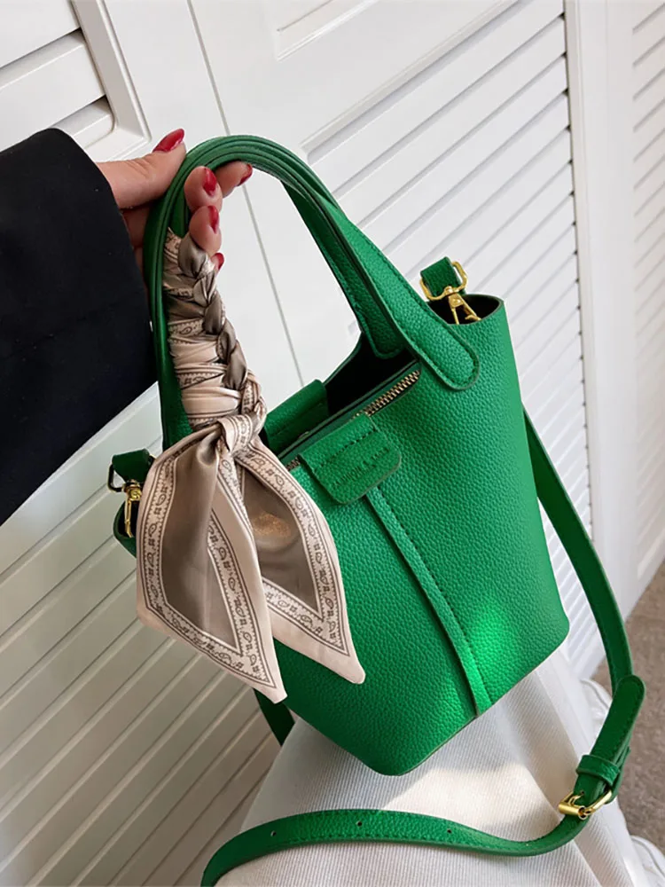 Classical Scarf Bucket Bag Women Luxury Handbag Green Fashion Designer Pu Leather Shoulder Crossbody Bag Shopper Female Tote Bag