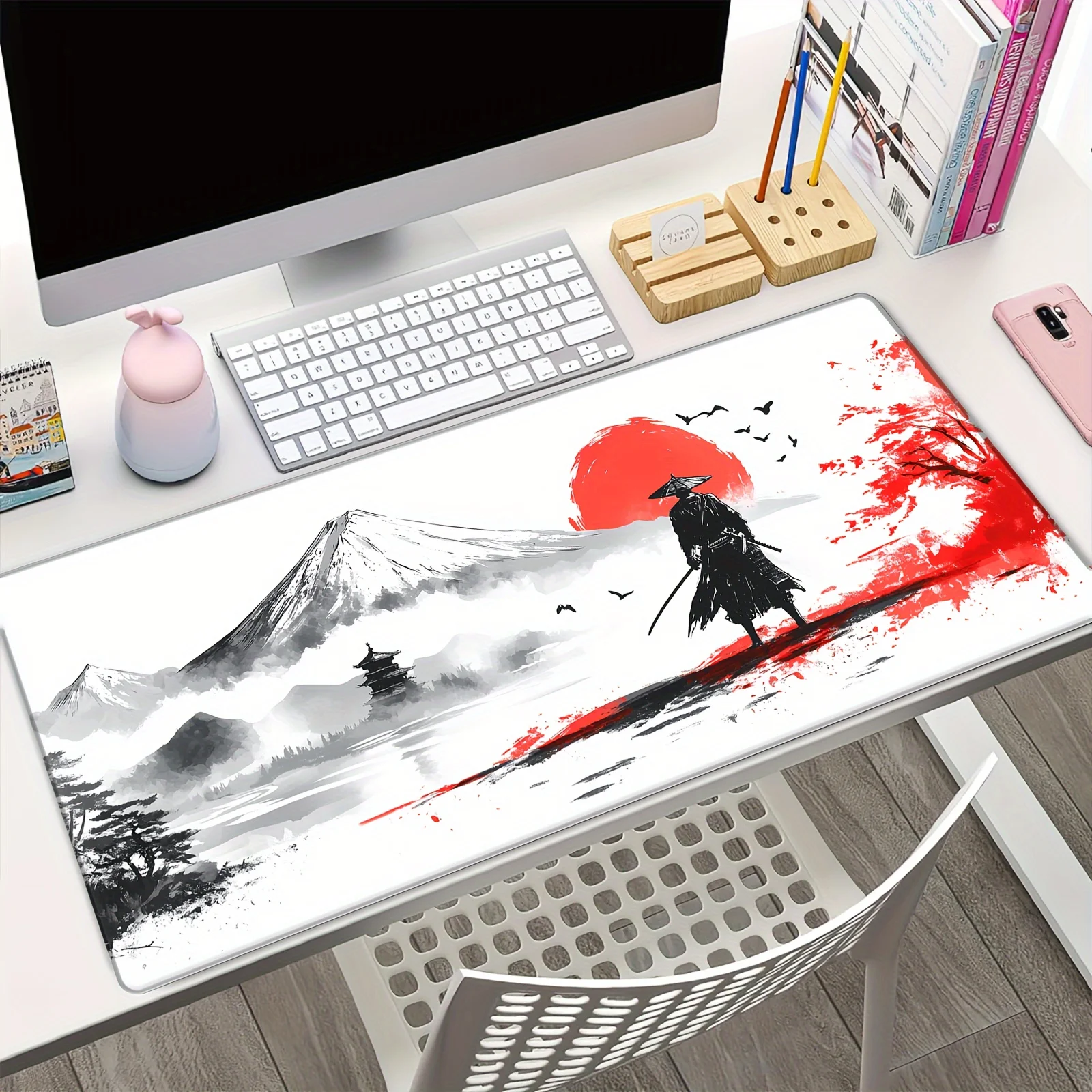 

Samurai Mount Fuji Cherry Blossom Art Mouse Pad Anti-Slip Rubber Base Precision Stitched Edges Japanese Cultural Theme
