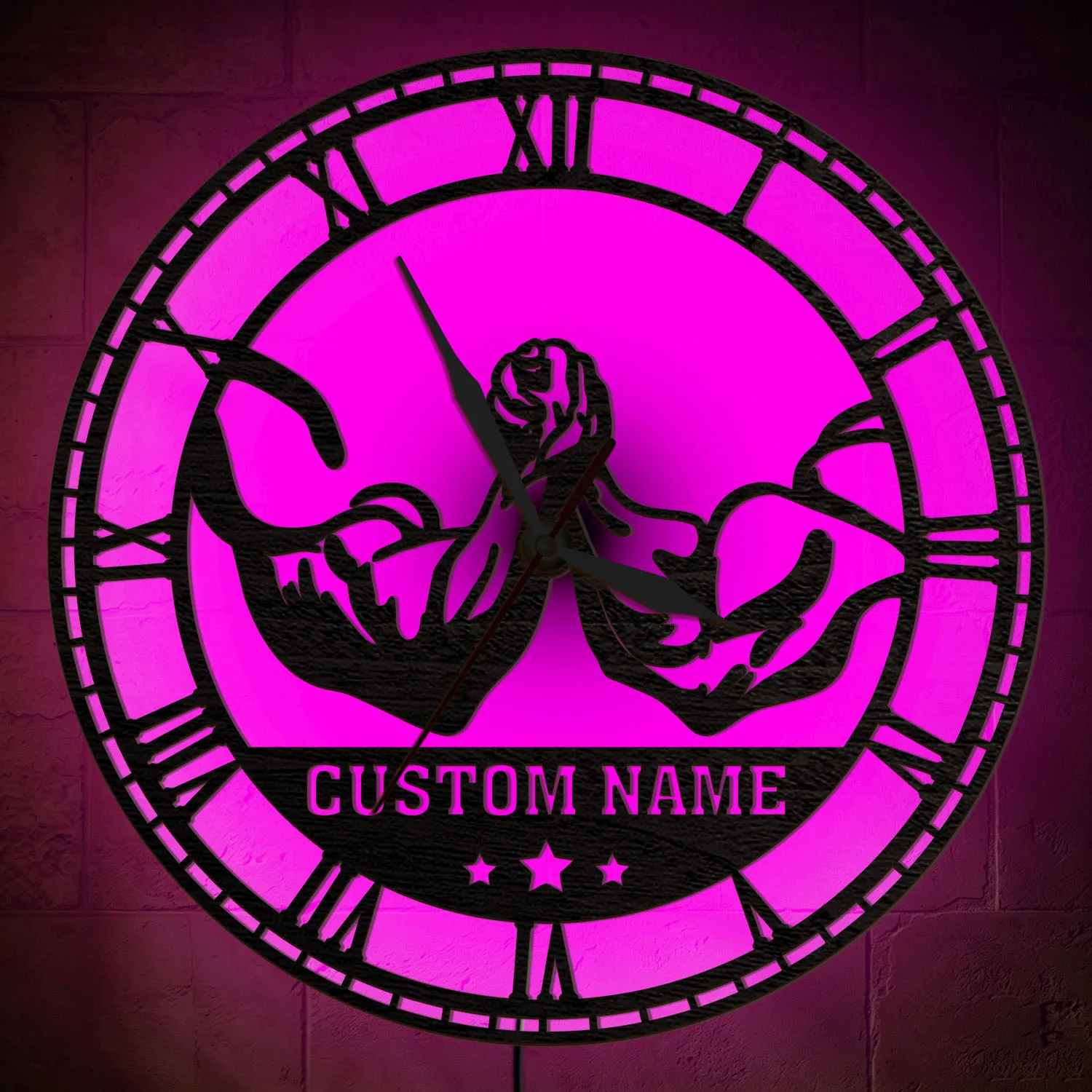 Custom Name Arm Wrestling LED Light Wall Clock for GYM Fitness Room Strength Training Power Sports Illuminated Wooden Wall Clock