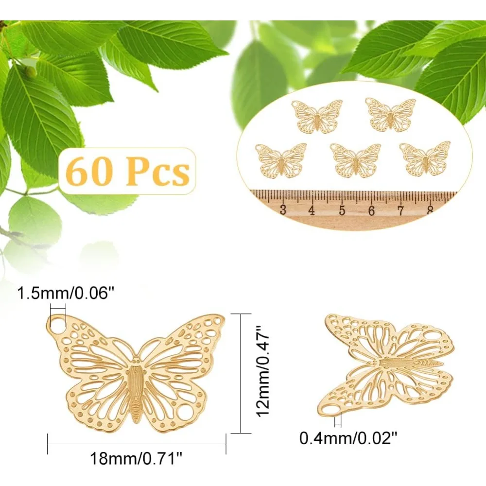 60Pcs Butterfly Filigree Charms 18K Gold Plated Charm Etched Metal Embellishments Stainless Steel Pendant for DIY Bracelet