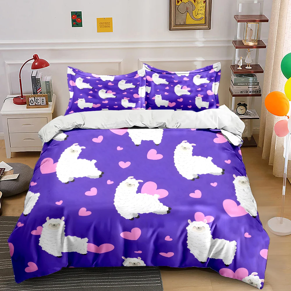

Purple background with pink hearts and llamas Print Bedding Set 1 Duvet Cover 2 Pillowcases for Adult and Children Luxury Gift