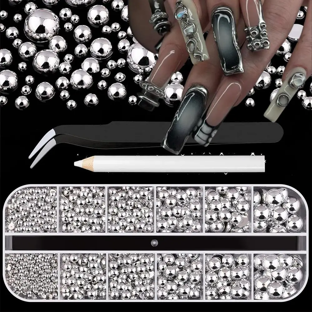 12グリッド3Dシルバーハーフラウンドパールネイルチャーム+ツール2個 2-8mmパールキャビアネイルアートデコレーションDIYパンククールマニキュアアクセサリー