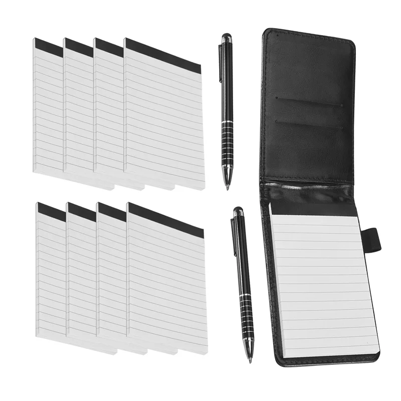 A23F-11 pçs mini bolso bloco de notas titular couro do plutônio caderno de negócios incluído 2 pçs caneta de metal 8 pçs recarregável livro de memorando preto
