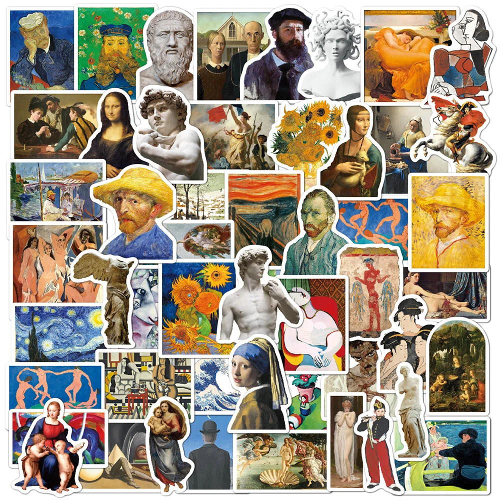 10/30/52 Stück Ölgemälde Van Gogh Mona Lisa Aufkleber Vintage Kunstwerke Abziehbilder DIY Handy Notizbuch Gitarre Laptop Dekoration Sticker