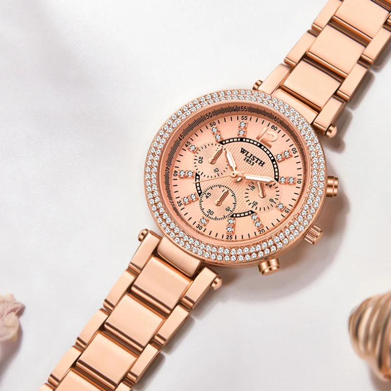 Luxury Diamond Quartz Watch for Women Stainless Steel Waterproof Luminous Hand Rose Gold Clock Top Ladies Wristwatch