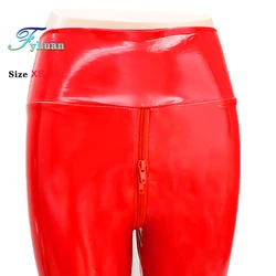 Plus Size  Double Zipper Open Crotch Women Pants Red Shine Leather Exotic Bodycon Slim Nightclub Leggings Ankle-Length Trousers