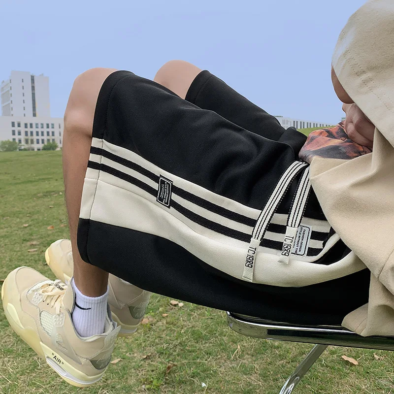 Sports Loose Straight Casual Shorts Summer Fashion Striped Patchwork Men's Clothing Young Style Elastic Drawstring Knee Pants