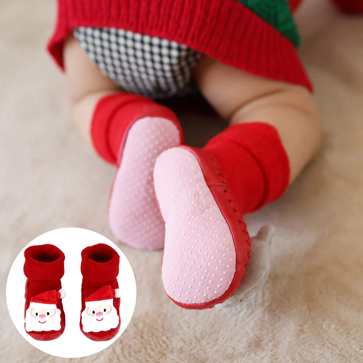 Sepatu dan kaus kaki katun untuk bayi, sandal selop Natal bahan katun antiselip, sepatu balita pria