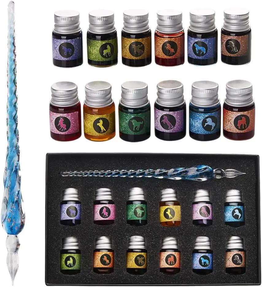 Handmade Crystal Glass Dip Pen Set with 12 Colorful Inks for Calligraphy, Drawing, and Art - Perfect for Beginners