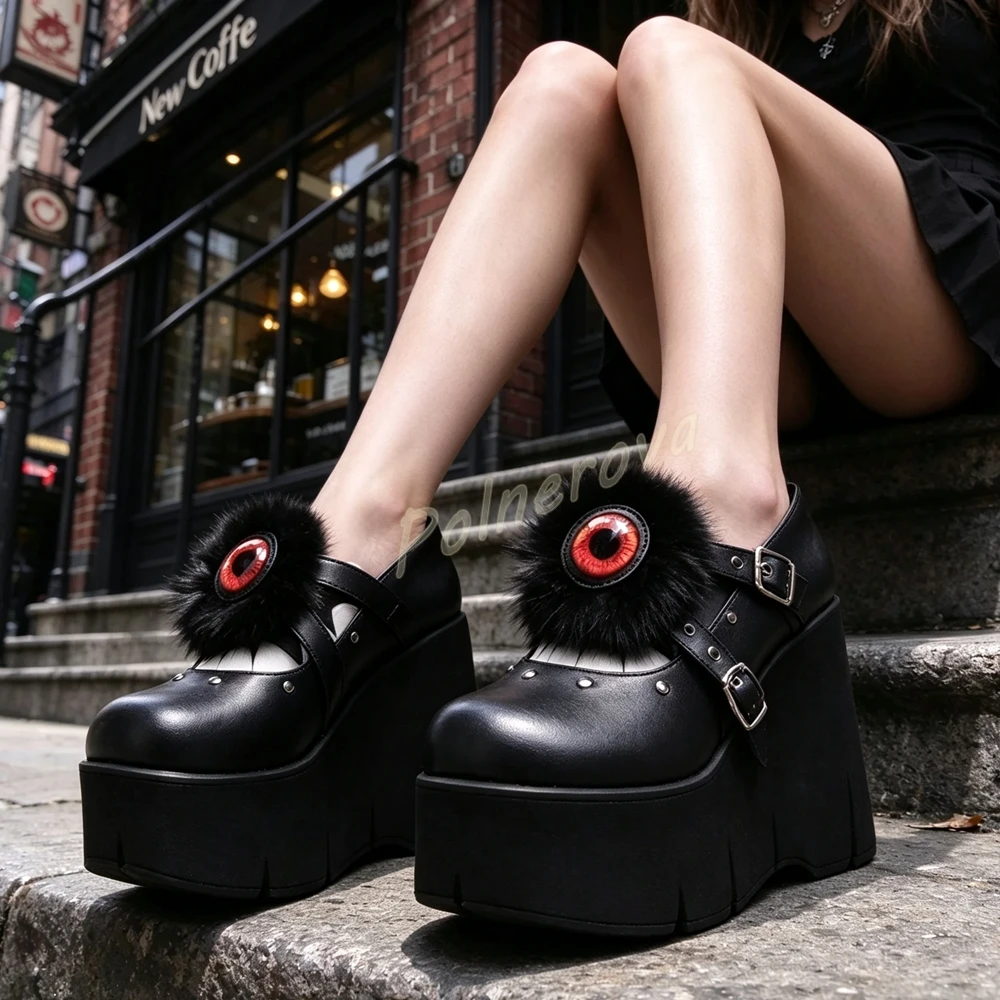 3D Eye Fur Decor Mary Jane Pumps Women Platform Wedge Double Buckle Strap Rivet Shoes Round Toe Black Punk Wedge Heel Shoes