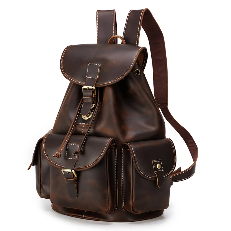 

Vintage Maker Unisex Cowhide Drawstring Backpack Travel Leather Backpack