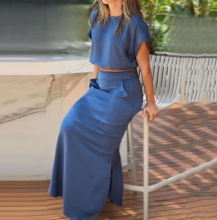 

2024 Summer New Casual Solid Color Micro Elastic Short Sleeve Top Loose Long Dress Two Piece Set