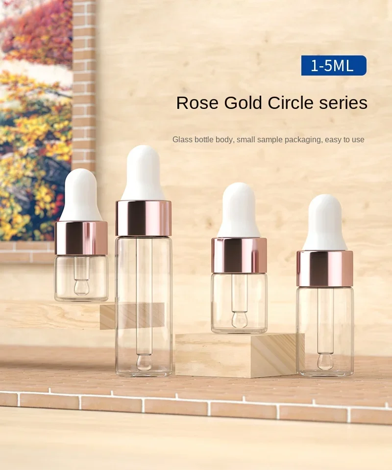 10/20 Stück Mini-Tropfflaschen aus Glas, leer, ätherisches Öl, Aromatherapie-Flaschen, Roségold-Kappe, Pipetten, Flaschen, 1 ml, 2 ml, 3 ml, 5 ml – Detail 1