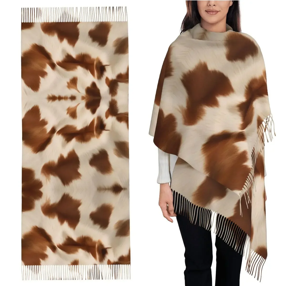 

Стильный шарф из коровьей кожи с текстурой коровьей кожи, шарф с кисточками, женские шали и накидки, длинная осенне-зимняя шаль, накидка