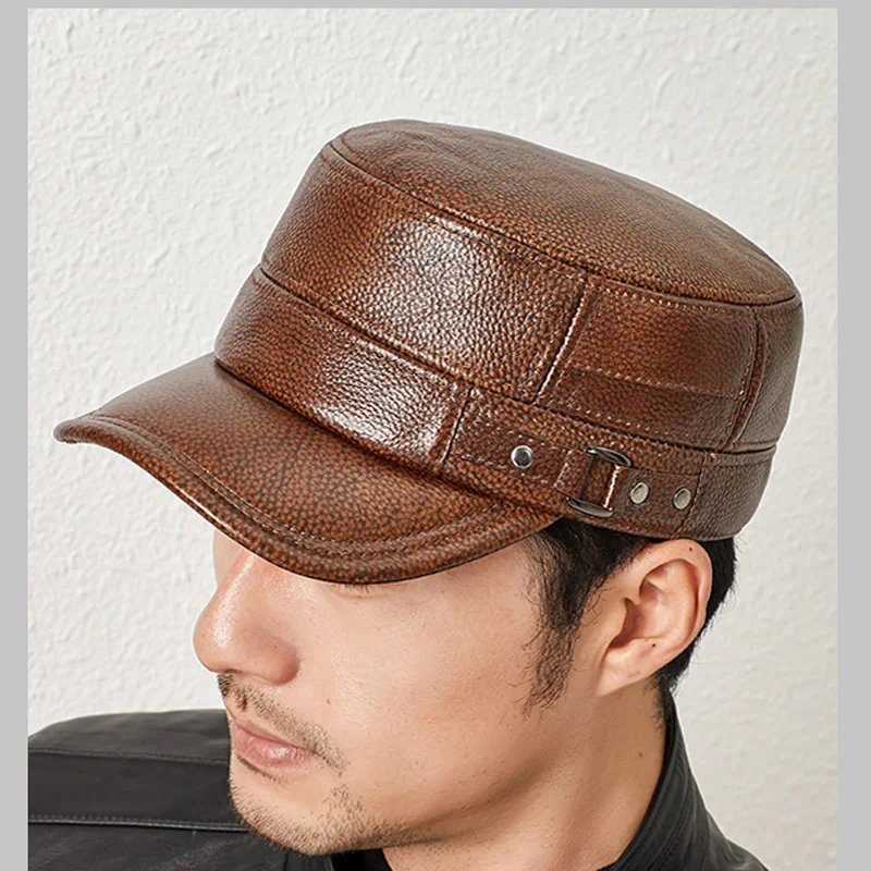 

Genuine Leather Cap Men's Flat Caps Army Military Hat Elegant Man Baseball Cap British Vintage Cowhide Left Buckle