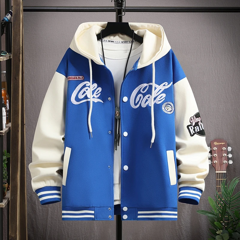 Men Hood Jacket American Style Hooded Baseball Coat Casual Spring Autumn Korean Version Loose Fit Couple Sportswear