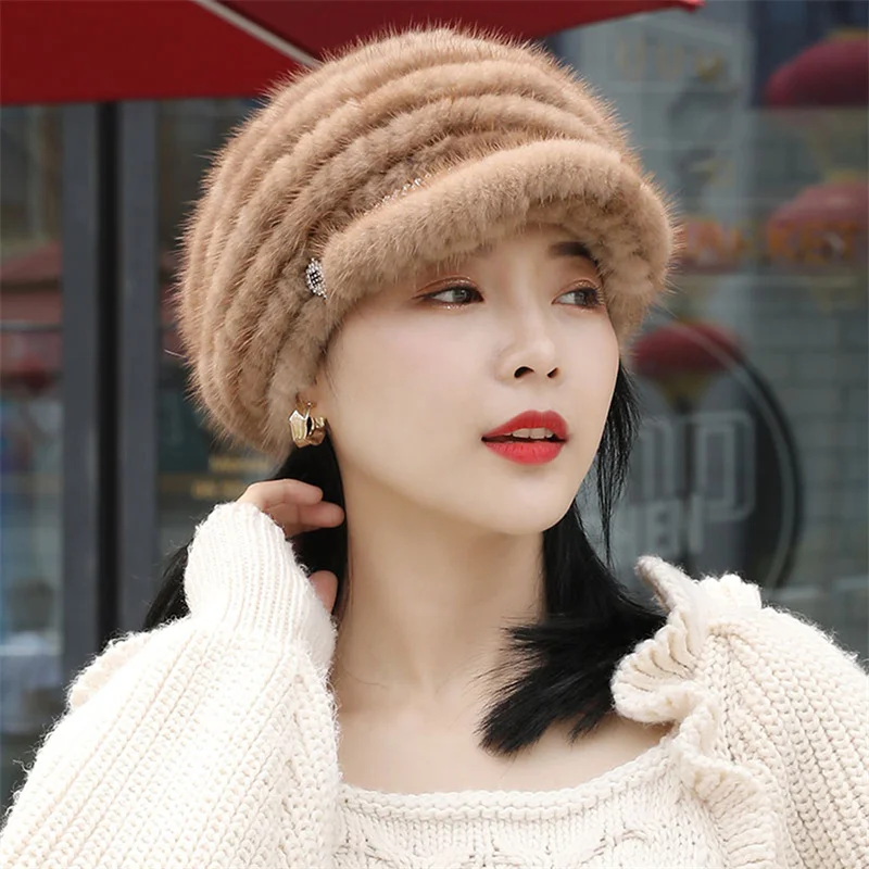 New Mink Fur Knitted Fur Women's Hat Autumn/Winter Korean Edition Knitted Warmth Hat Plush Baseball Hat Winter Baseball Hat