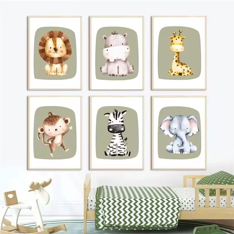 

6pcs Cartoon Sage Green Art Print, Lion, Zebra, Giraffe, Monkey Poster, Canvas Painting, Nordic Wall Pictures, Room Decoration