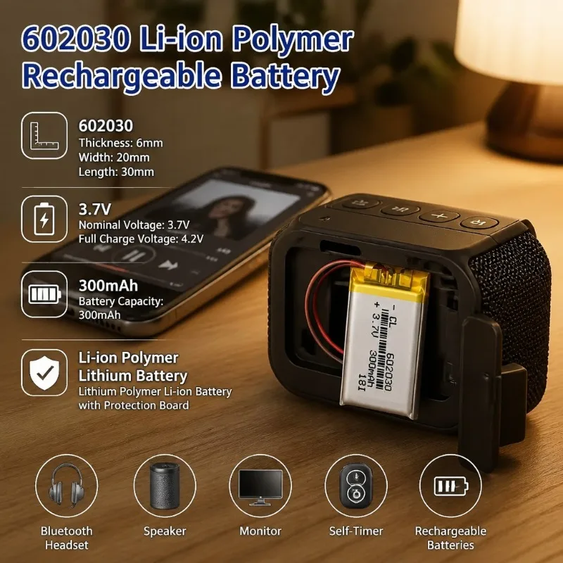 602030 3.7V 300mAh Li-ion Polymer Rechargeable Lithium Battery For Bluetooth Headset Speaker Monitor Self-Timer