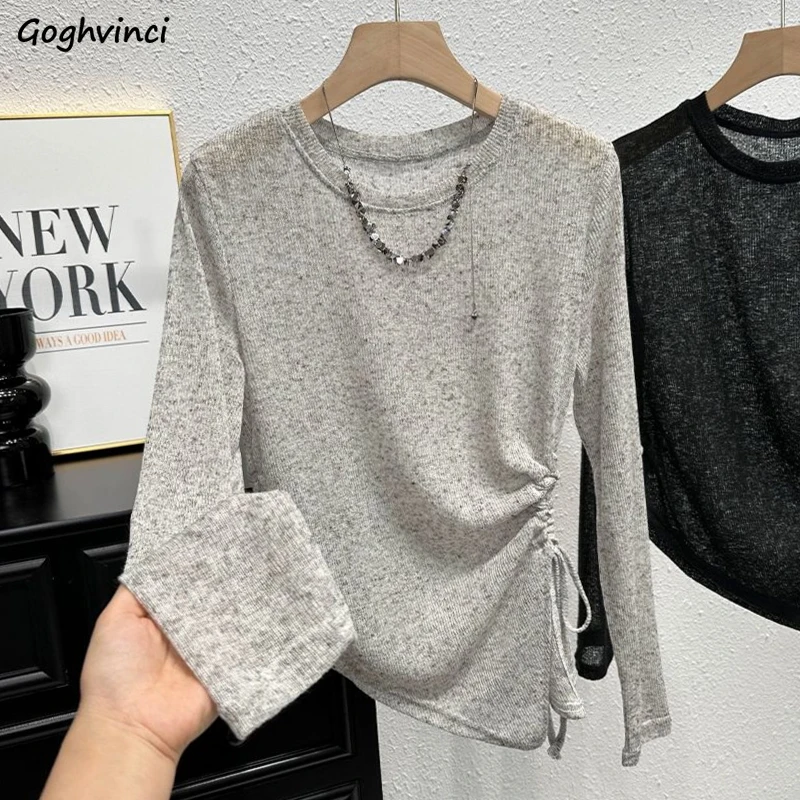 T-Shirts Women Shirring Defined Waist Knitted Korean Fashion Summer Sun-proof Trendy Streetwear Classic Solid Long Sleeve Tops