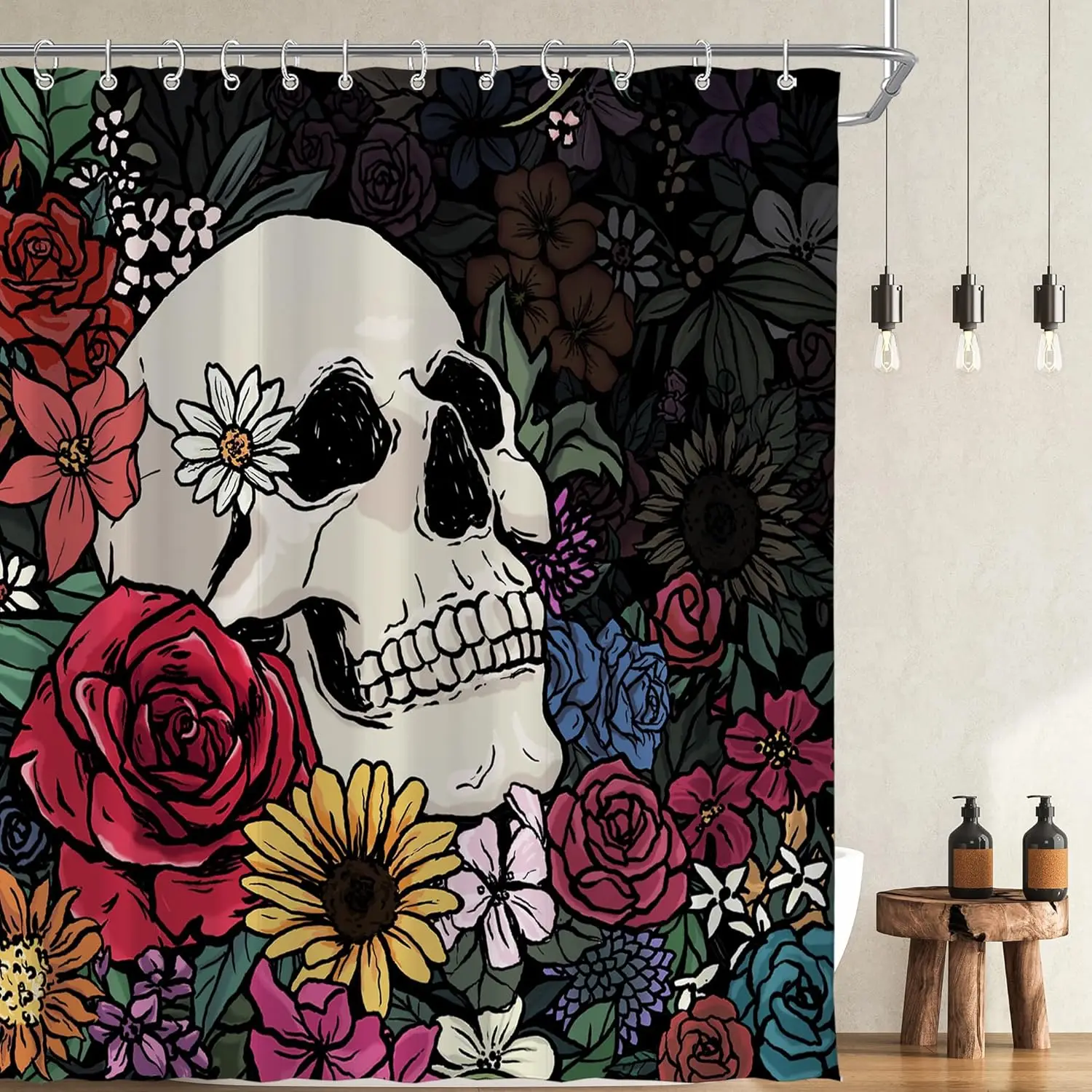 

Занавеска для душа с черепом и цветами, готический дизайн в стиле бохо, декор для ванной комнаты, темный художественный узор, водонепроницаемая ткань, уникальный домашний стиль