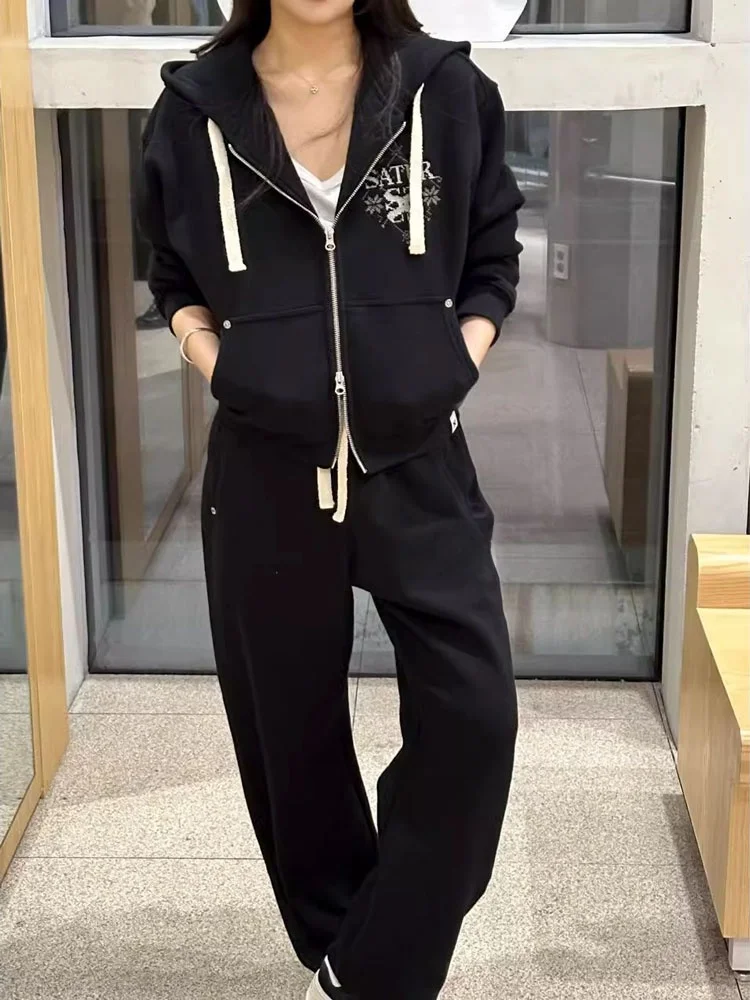 

Nok Xiaola Authentic Winter 2025 Brand SAT Embroidered Fce Hoodie Sweatpants Straight Cut Youth Long Sve Zipper Closure