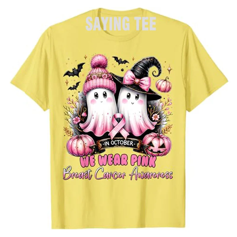 In October We Wear Pink Ghost Witch Breast Cancer Awareness T-Shirt Humor Funny Halloween Costume Gift Fall Pumpkin Saying Tee