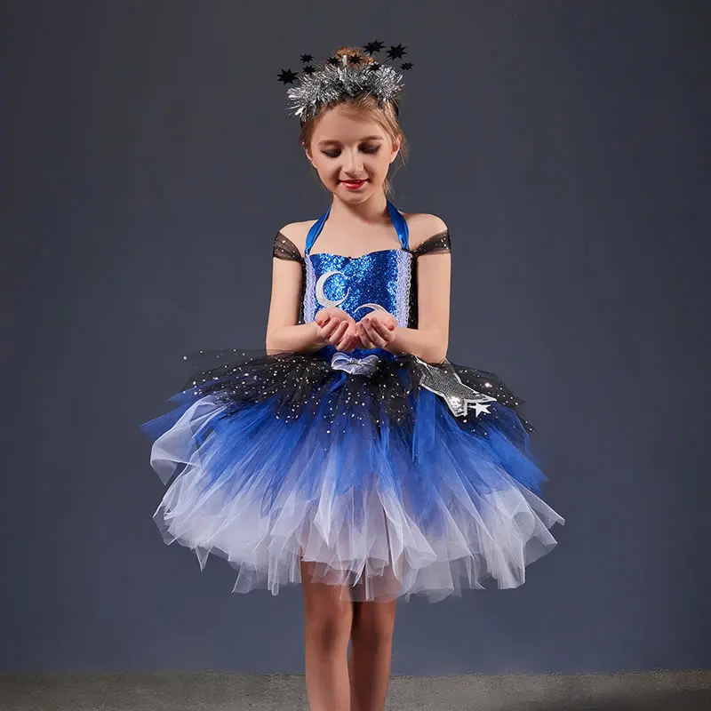 Halloween Costume For Baby Girl Lace TUTU Dress Kid Sling Up Star Moon Sequins Dance Tunic+Headband 2pcs Set Child Frock