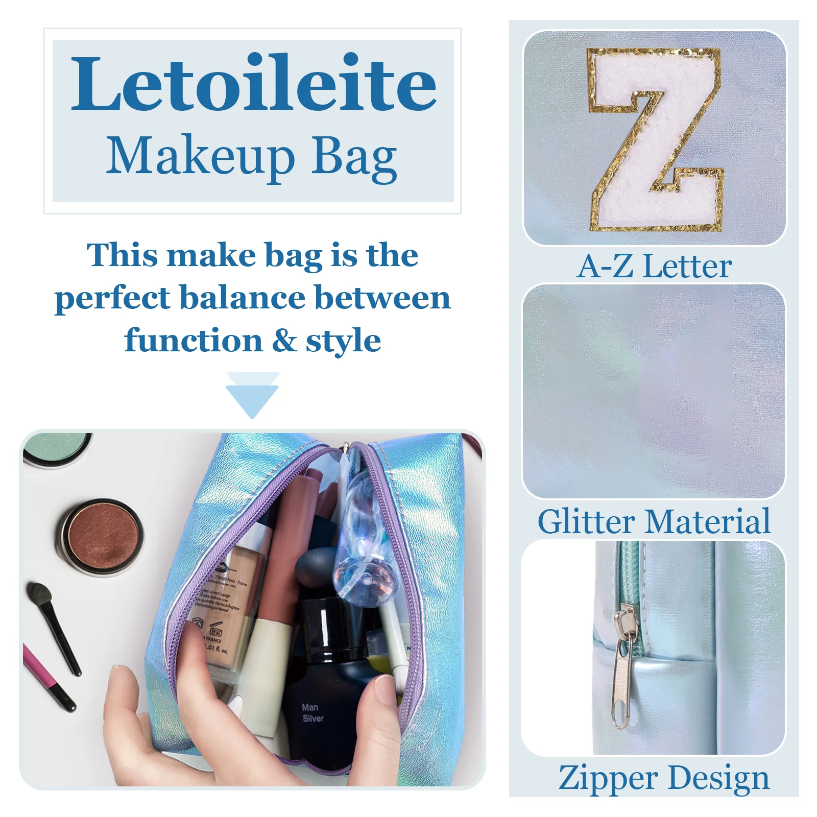 ส่วนบุคคลกระเป๋าแต่งหน้าเริ่มต้น,Letter Zipper กระเป๋าเครื่องสําอางสําหรับสตรี,Preppy กระเป๋าแต่งหน้า,กระเป๋าแต่งหน้า,กระเป๋าเดินทางแต่งหน้า