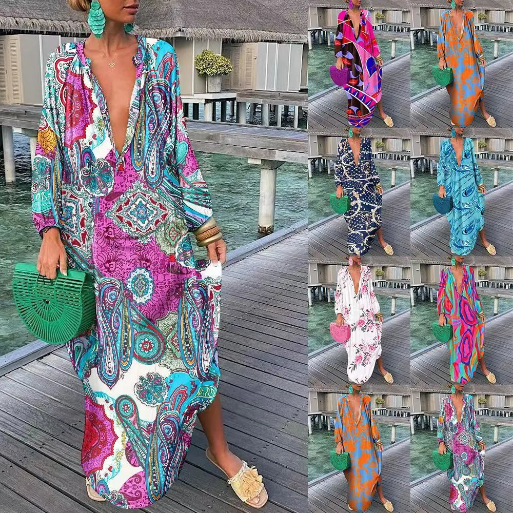 

2023 Autumn New Women's Shirt Big Swing Dress Fashion Female Casual Print Deep V Sexy Party Long Dresses Lady Spring Clothing