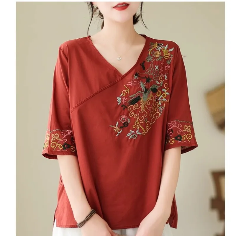 Chinese Style V-Neck Top Loose Short Sleeve Vintage Solid Color Embroidery Shirt Minimalist Flowy Summer Casual Tees Pullovers