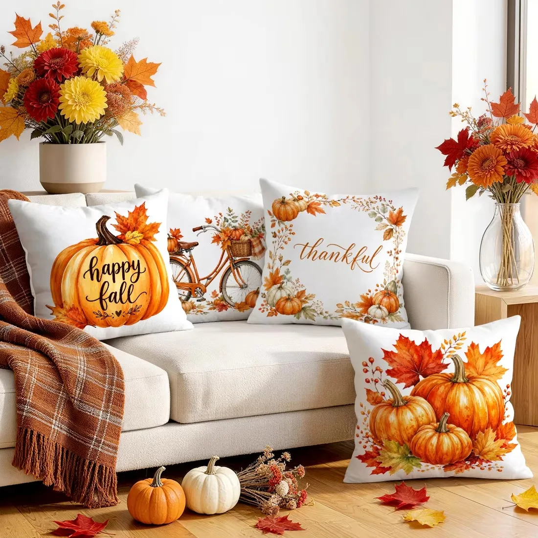 Fall Thanksgiving Pillow Covers Set Watercolor Pumpkin Maple Leaf Bicycle Print Thankful Happy Fall Cushion Cover Autumn Farmhou