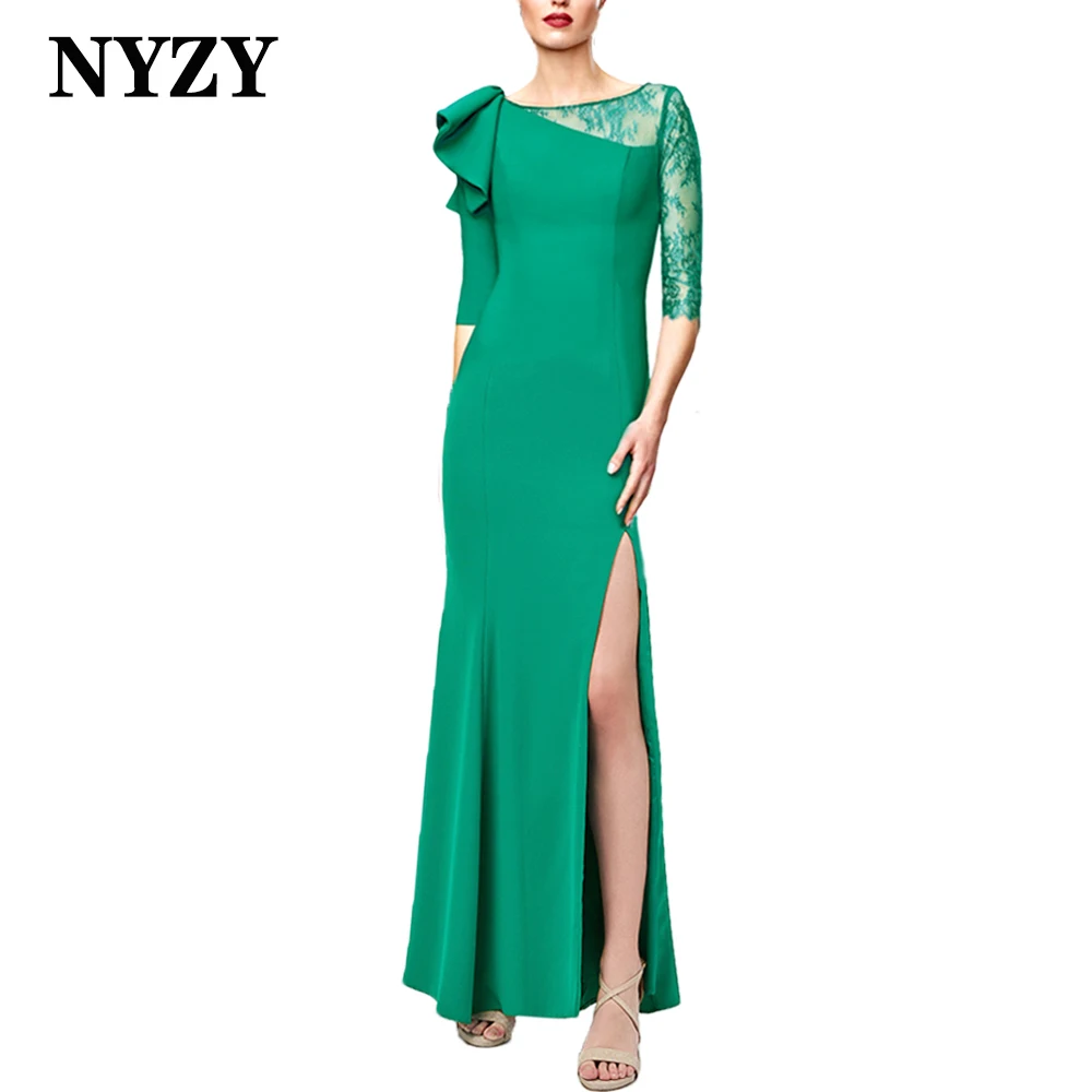 NYZY E417A Jersey Half Sleeves High Slit Mother of the Bride and Groom Dresses with Sleeves 2024 Teal Wedding Party Guest Wear