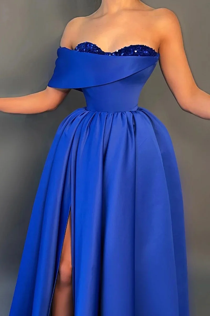 Royal Blue Evening Dresses One Shoulder Sequined Satin 2024 Strapless Long Floor Length Formal Party Prom Gown Graduation Dress