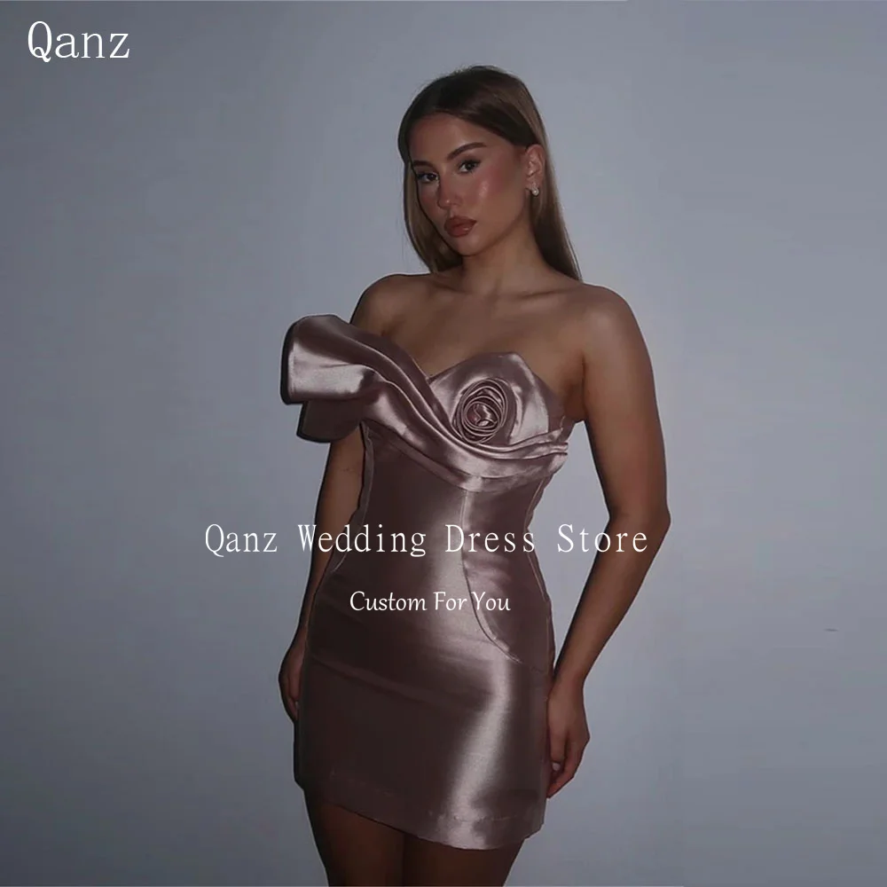 

Qanz Rose Gold Sexy Prom Dresses Mini Shiny Satin Wedding Party Dress Backless Short Cocktail Dresses for Women Customized