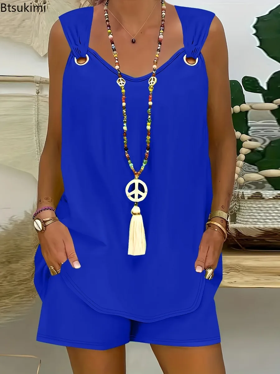 Plus Size 5XL Set moda donna Girocollo solido Set casual in due pezzi Canotte senza maniche e pantaloncini Estate Nuove donne Abbigliamento