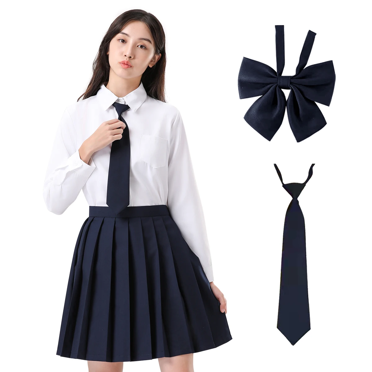 HOLOUN Pleated Jk Skirt 48CM 4PCS Set Bow Necktie Tie Long Sleeve Shirt Plaid High Waist A-Line School Uniform 9 Colors Gift