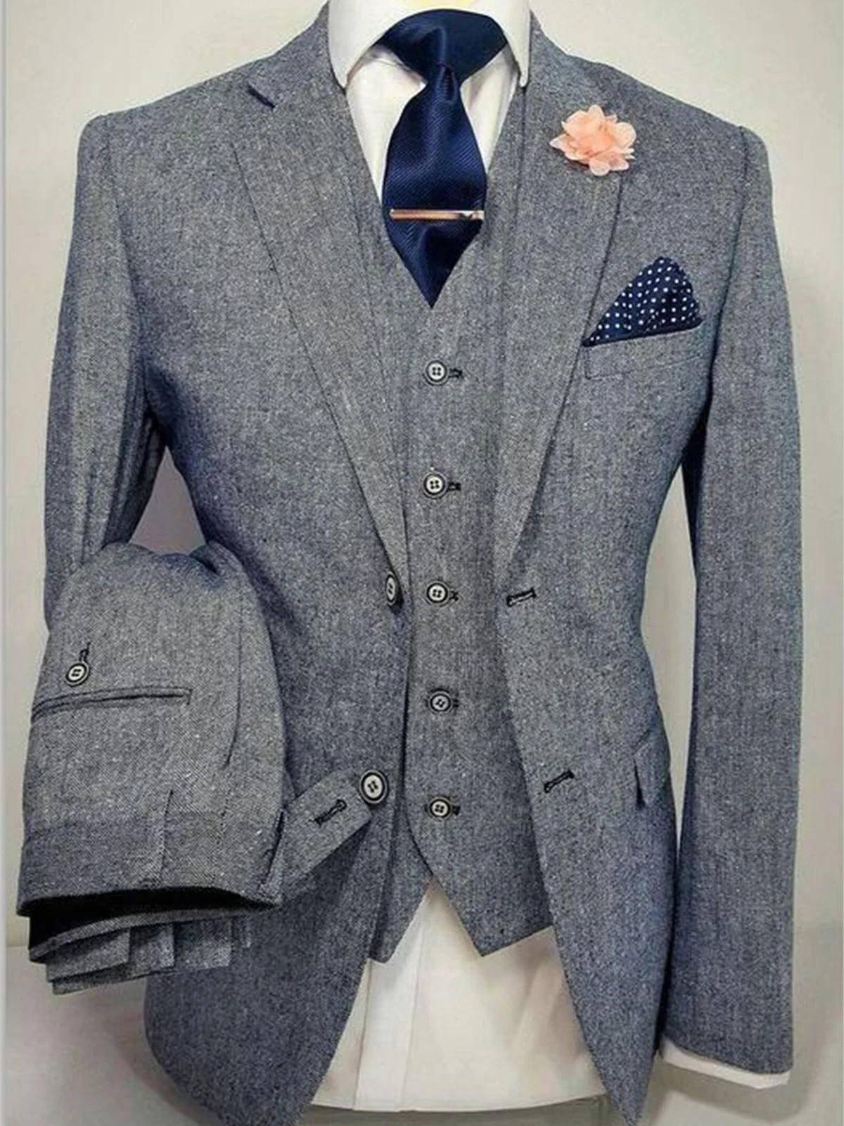 

ANNIEBRITNEY Herringbone Tweed Suits for Men Slim Fit Tuxedo Man Suit Set Warm Terno Masculino Completo Trajes Hombre Elegantes
