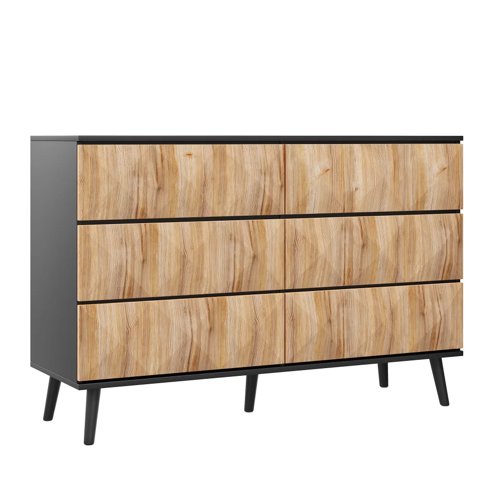 Das Sideboard und die Kommode von PINGGO zeichnen sich durch eine Kombination aus Schwarz- und Naturholztönen sowie durch erhabene Türen aus. – Detail 12