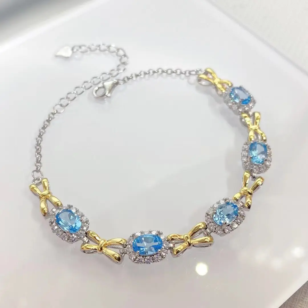 

Best Seller Silver Bracelet For Woman With Natural Sky Blue Topaz Gemstone 4*6mm Jewelry For Lady Gift Wedding Party Dating