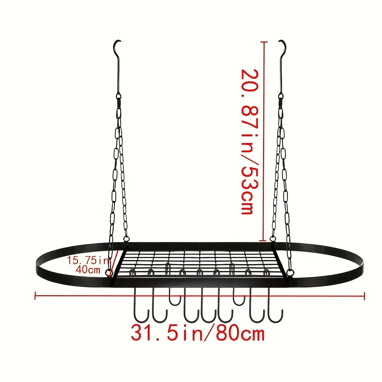 31.5 inch (about 80 cm) metal pot holder hanging, oval pan holder with hook, heavy duty ceiling pot holder with mesh, pot and pa