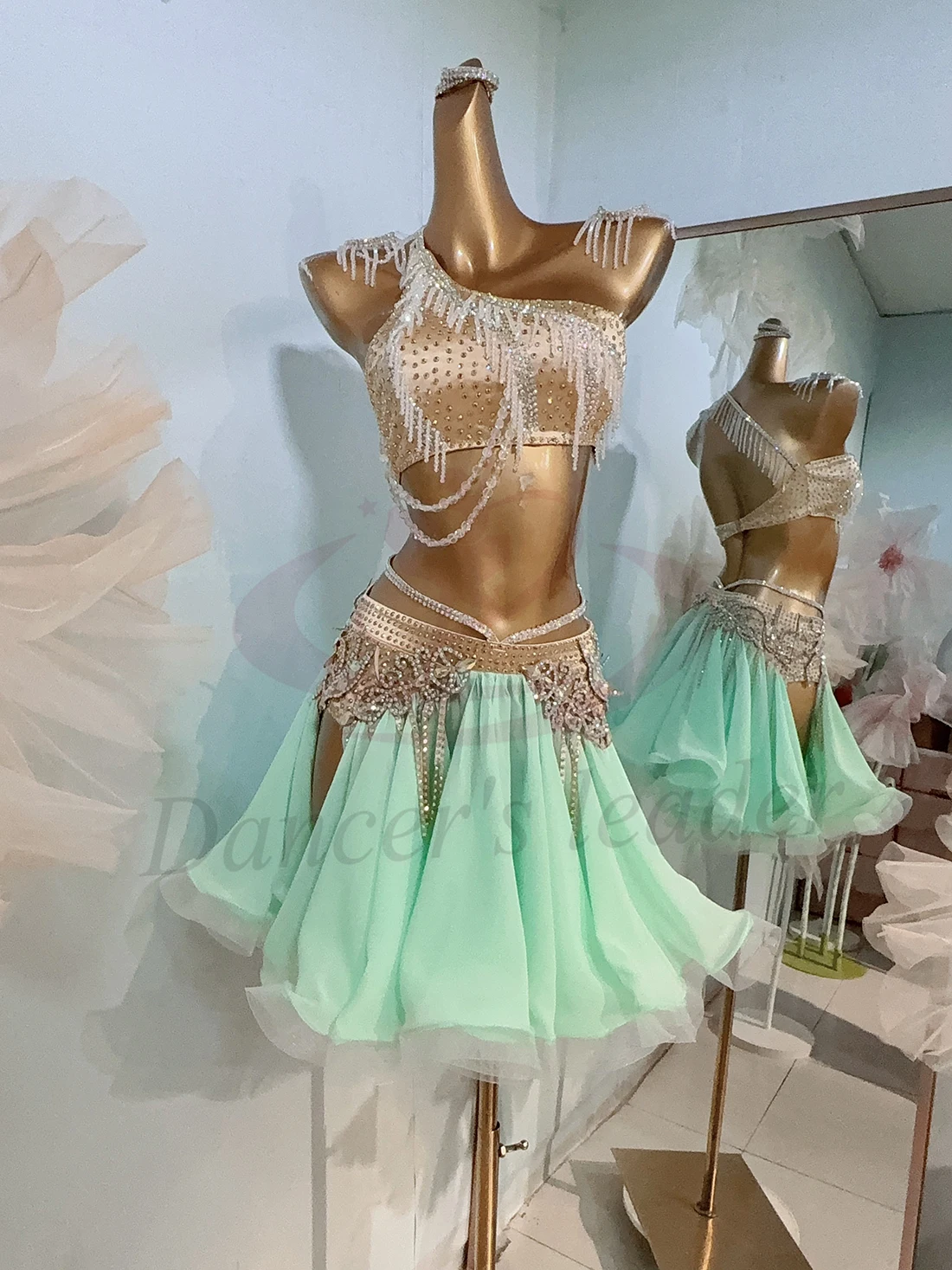 라틴 댄스 경연 대회 여성 하이 엔드 맞춤형 크리스탈 쥬얼리 스플릿 메쉬 스커트 삼바 퍼포먼스 워터 다이아몬드 드레스