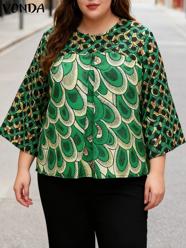 

VONDA винтажная осенняя блузка женская с расклешенными рукавами и принтом богемные топы 2025 модные свободные повседневные рубашки большого размера Blusas размера плюс