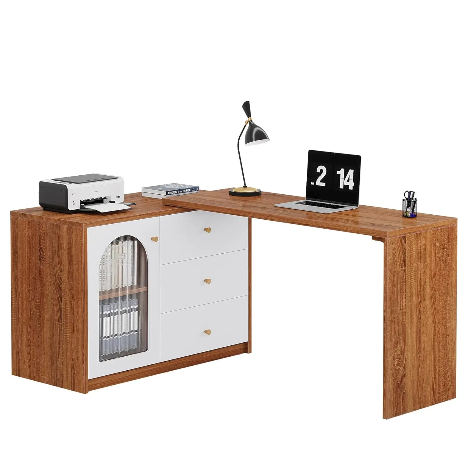 

#L Shaped Computer Desk with Drawers & Storage Cabinet Reversible Corner Workstation Home Office Rustic Brown, Customized